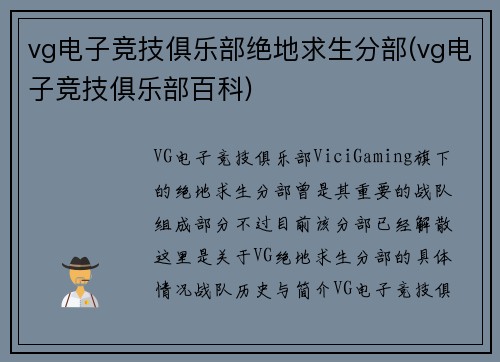 vg电子竞技俱乐部绝地求生分部(vg电子竞技俱乐部百科)